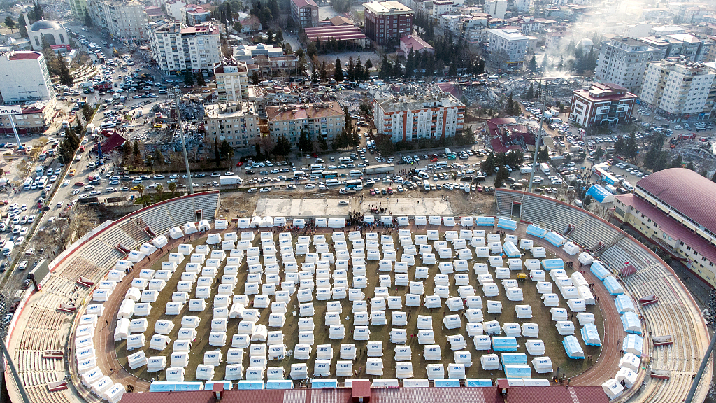 An aerial view shows the tent city set up by Turkiye's Disaster and Emergency Management Authority (AFAD) officials in Kahramanmaras, Türkiye, February 7, 2023. /CFP