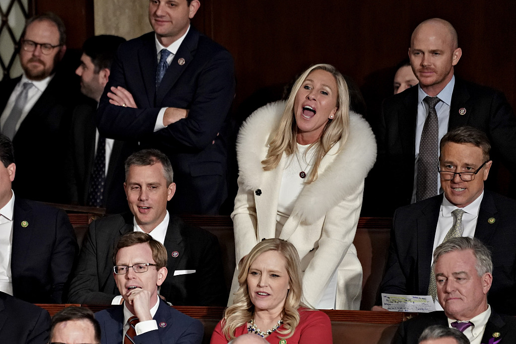 Representative Marjorie Taylor Green, a Republican from Georgia, center, during a State of the Union address at the U.S. Capitol in Washington, D.C., Feb. 7, 2023. /CFP