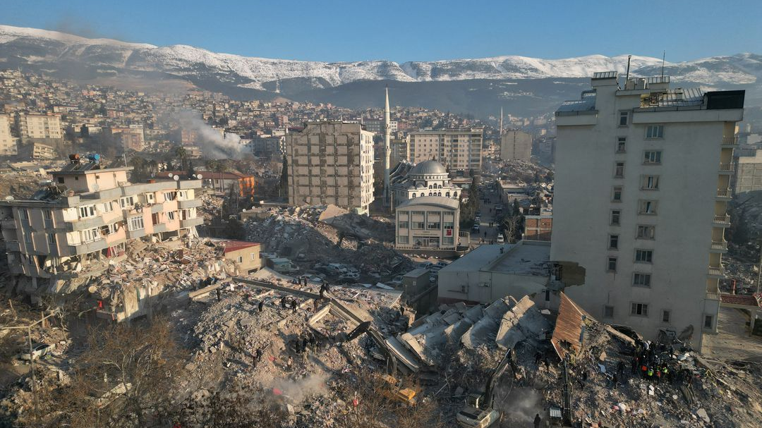 A view of the collapsed buildings in the aftermath of the deadly earthquake in Kahramanmaras, Türkiye, February 9, 2023. /Reuters