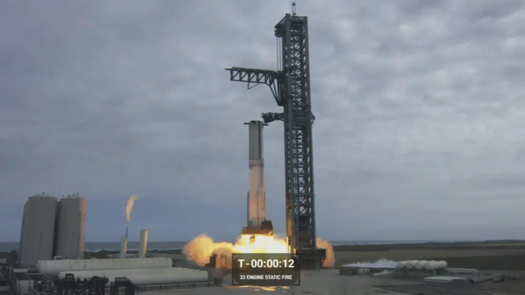 In this image from video made available by SpaceX, a Starship first-stage Super Heavy booster performs an engine-firing test at the launch pad in Boca Chica, Texas, February 9, 2023. /AP