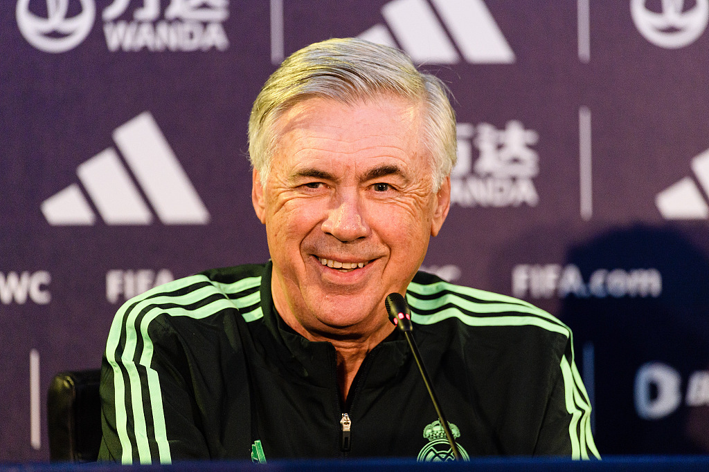 Carlo Ancelotti, manager of Real Madrid, attends the press conference ahead of the FIFA Club World Cup final against Al Hilalat at Stade Moulay Abdellah in Rabat, Morocco, February 10, 2023. /CFP 