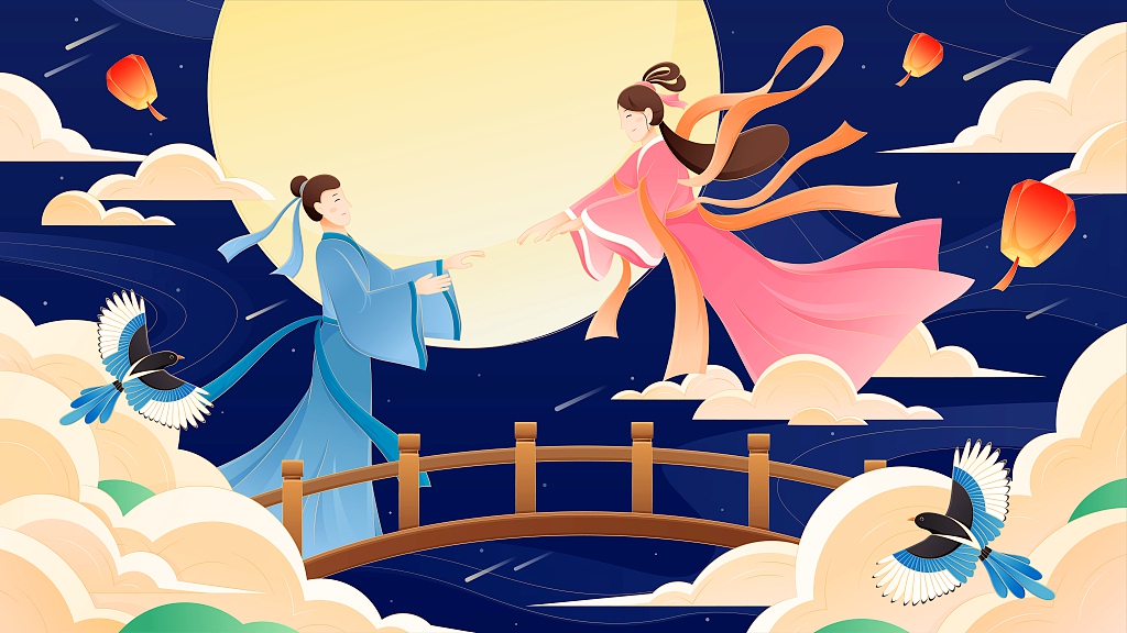 A stylized rendering of Niulang meeting Zhinyu in heaven. /CFP