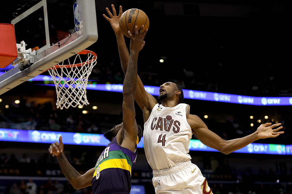 Evan Mobley (#4) of the Cleveland Cavaliers blocks a shot by Naji Marshall of the New Orleans Pelicans in the game at the Smoothie King Center in New Orleans, Louisiana, February 10, 2023. /CFP