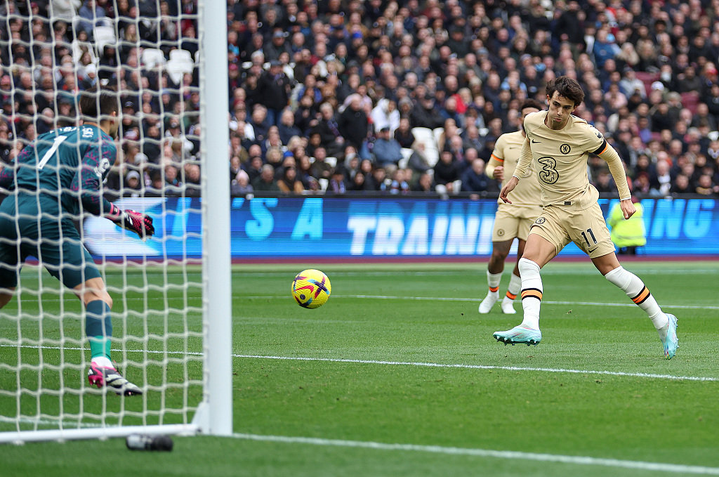 Joao Felix of Chelsea scores the team's first goal during the Premier League match between West Ham United and Chelsea at London stadium in London, England, February 11, 2023. /CFP