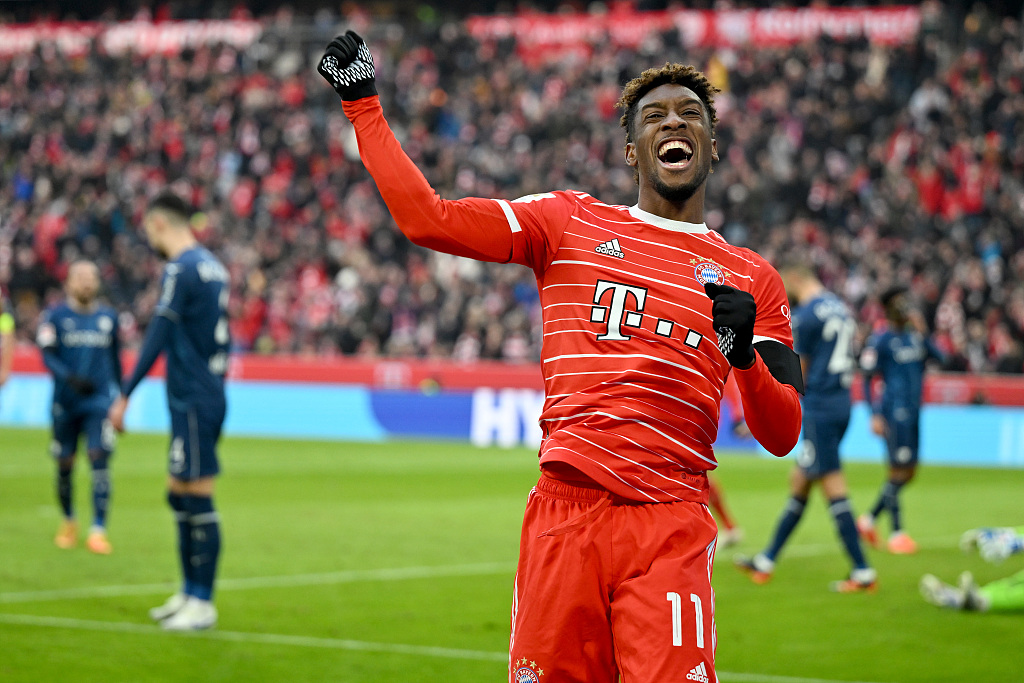 Kingsley Coman of Bayern Munich celebrates after scoring his team's second goal during the Bundesliga match between Bayern Munich and Bochum at Allianz Arena in Munich, Germany, February 11, 2023. /CFP