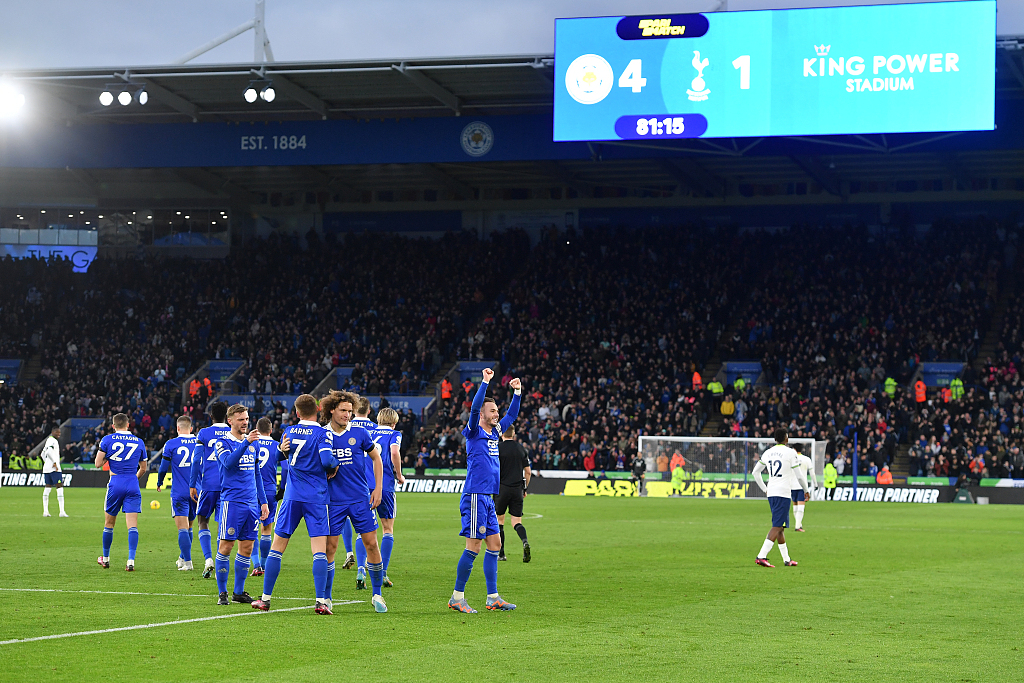 Players of Leicester City react after their 4-1 win over Tottenham Hotspur at the end of the Premier League match at King Power stadium in Leicester, England, February 11, 2023. /CFP