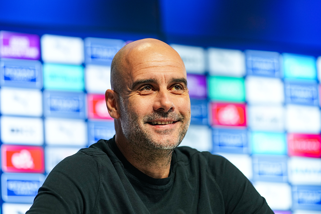 Pep Guardiola, manager of Manchester City, attends the press conference at Manchester City Football Academy in Manchester, England,  February 3, 2023. /CFP 