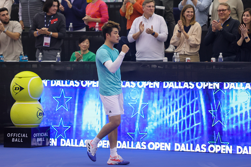Wu Yibing reacts after winning the Dallas Open at the Styslinger/Altec Tennis Complex in Dallas, U.S., February 12, 2023. /CFP