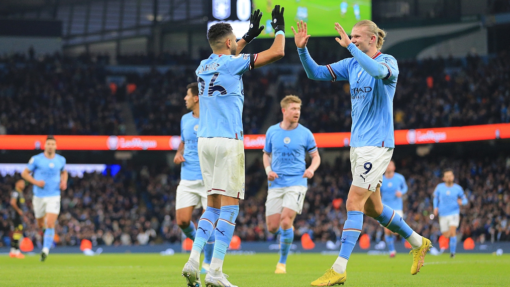 Manchester City players celebrates during their Premier League clash with Aston Villa at Etihad Stadium in Manchester, England, February 12, 2023. /CFP