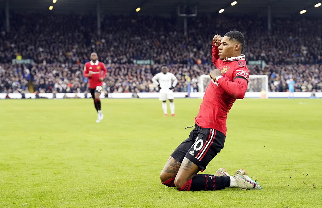 Manchester United's Marcus Rashford celebrates scoring their side's first goal at Elland Road, Leeds, England, February 12, 2023. /CFP