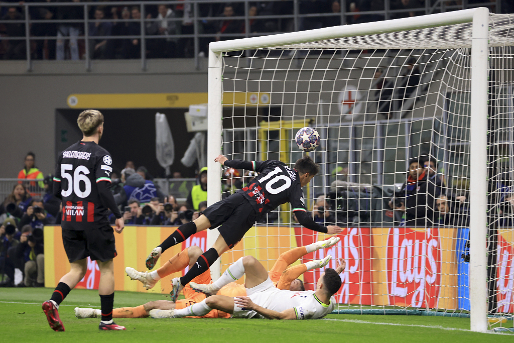 Brahim Diaz of AC Milan #10 scores the opening goal against Tottenham Hotspur during their UEFA Champions League round of 16 first leg match in Milan, Italy, February 14, 2023. /CFP