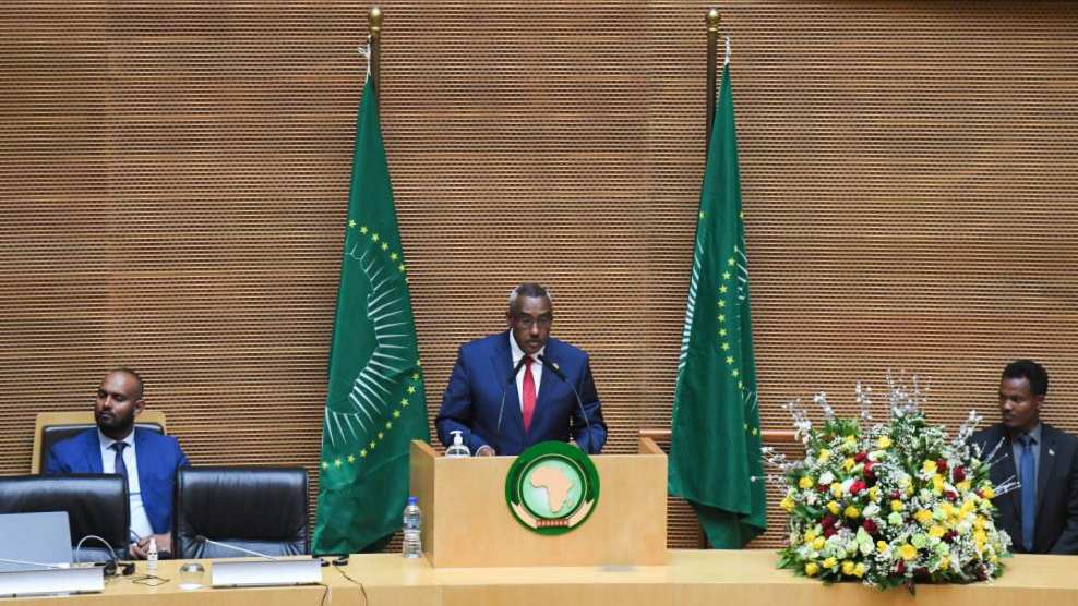 Ethiopian Deputy Prime Minister and Foreign Minister Demeke Mekonnen (C) speaks at the opening ceremony of the 42nd ordinary session of the Executive Council of the African Union (AU) in Addis Ababa, Ethiopia, February 15, 2023. /Xinhua