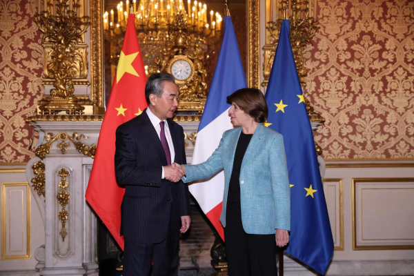 Wang Yi (L), director of the Office of the Foreign Affairs Commission of the Communist Party of China (CPC) Central Committee, meets with French Minister for Europe and Foreign Affairs Catherine Colonna in Paris, France, February 15, 2023. /Chinese Foreign Ministry 