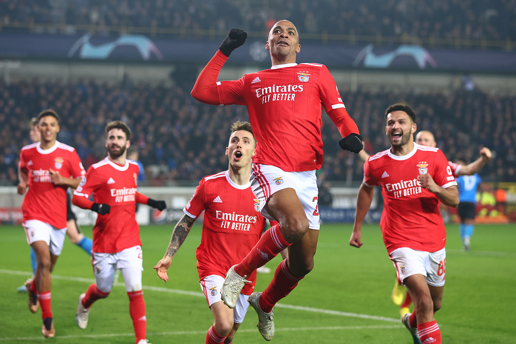 Joao Mario (C) of Benfica celebrates with teammates during their Champions League clash with Club Brugge Jan Breydel Stadium in Brugge, Belgium, February 15, 2023. /CFP