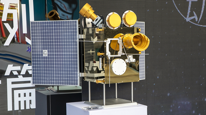 A model of the Luojia-1 01 satellite is displayed at the fourth China International Import Expo in Shanghai, November 9, 2021. /CFP