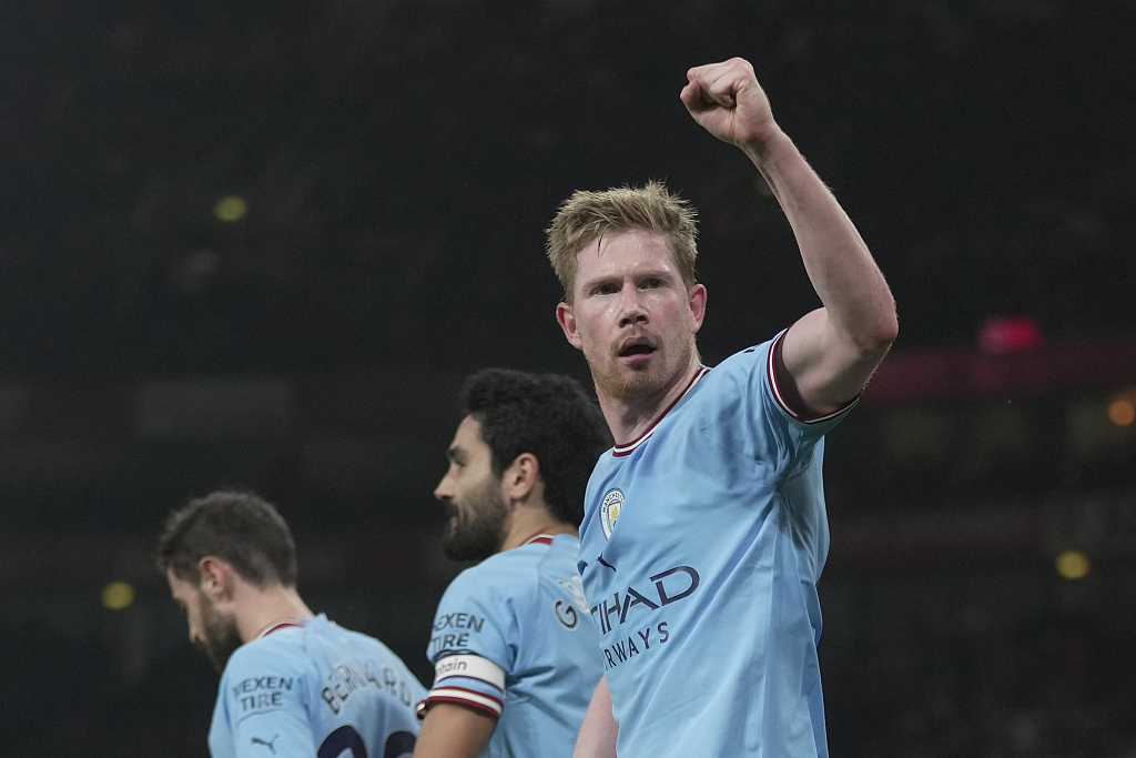 Manchester City's Kevin De Bruyne reacts after scoring the opener during their clash with Arsenal at the Emirates Stadium in London, England, February 15, 2023. /CFP