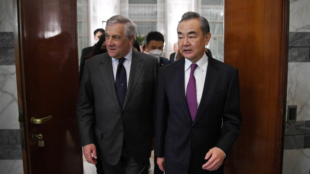 Wang Yi (R), a member of the Political Bureau of the Communist Party of China (CPC) Central Committee and director of the Office of the Foreign Affairs Commission of the CPC Central Committee, meets with Italian Deputy Prime Minister and Minister of Foreign Affairs Antonio Tajani in Rome, Italy, February 16, 2023. /Xinhua