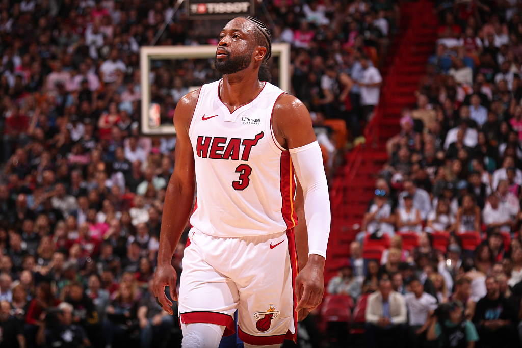 Dwyane Wade of the Miami heat looks on in the game against the Philadelphia 76ers at American Airlines Arena in Miami, Florida, April 9, 2019. /CFP