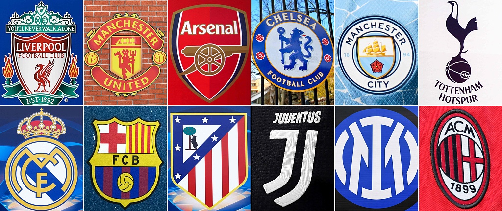 The 12 European clubs that announce the European Super League.
Top L-R: Liverpool, Manchester United, Arsenal, Chelsea, Manchester City and Tottenham Hotspur.
Bottom L-R: Real Madrid, Barcelona, Atletico Madrid, Juventus, Inter Milan and AC Milan. /CFP