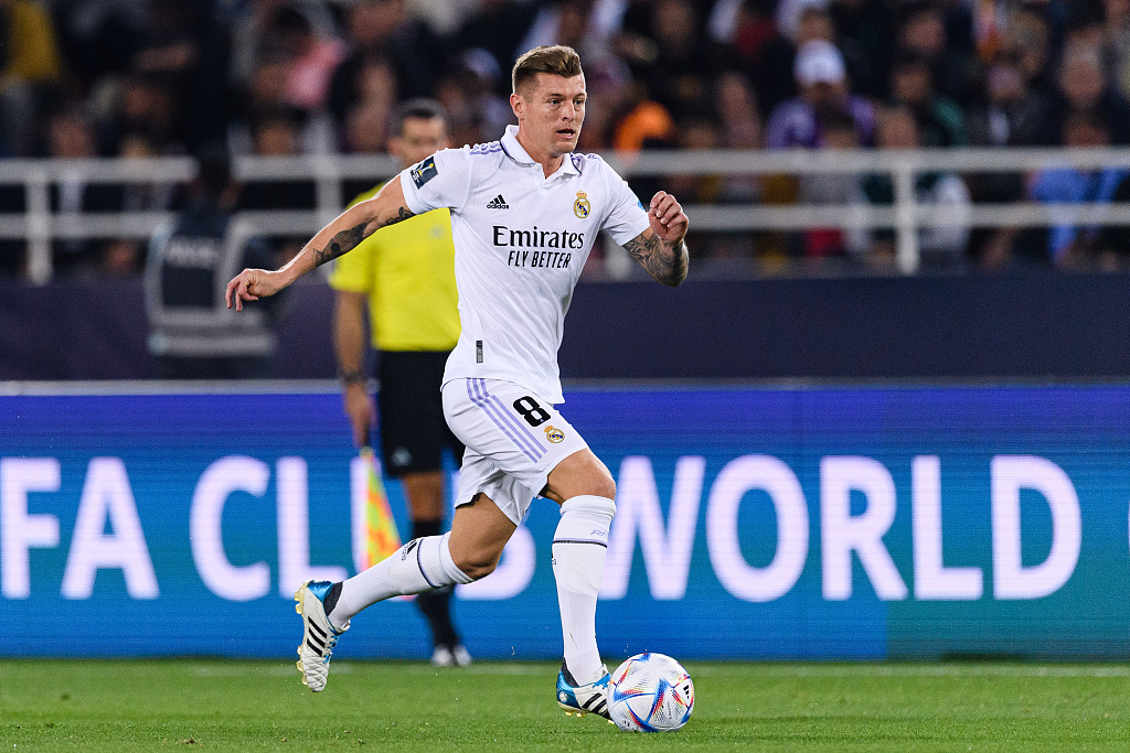 Toni Kroos of Real Madrid dribbles in the FIFA Club World Cup final game against Al Hilal at Prince Moulay Abdellah in Rabat, Morocco, February 11, 2023. /CFP 