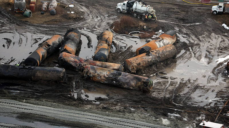Aerial view of a train derailment containing the toxic chemical vinyl chloride in East Palestine, Ohio, February 8, 2023. /CFP