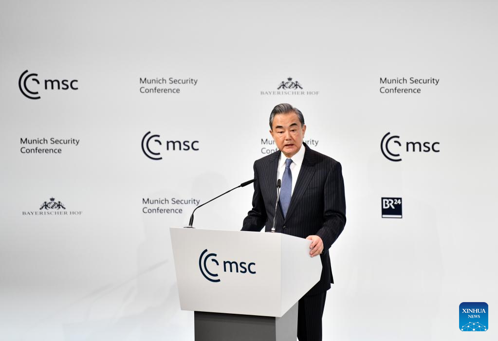 Wang Yi, a member of the Political Bureau of the Communist Party of China (CPC) Central Committee and director of the Office of the Foreign Affairs Commission of the CPC Central Committee, delivers a keynote speech during the Munich Security Conference in Munich, Germany, Feb. 18, 2023. /Xinhua