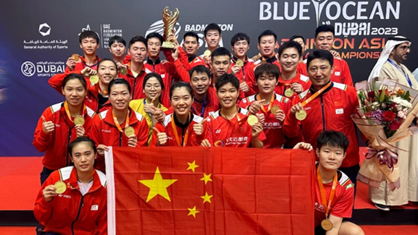 Team China celebrate after winning the Badminton Asia Mixed Team Championships title in Dubai, United Arab Emirates, February 19, 2023. /Badminton Asia