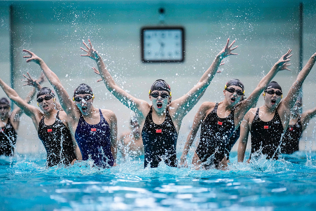 China's synchronized swimming team train for this year's world championships as well as the Hangzhou Asian Games, Beijing, China, February 17, 2023. /CFP

