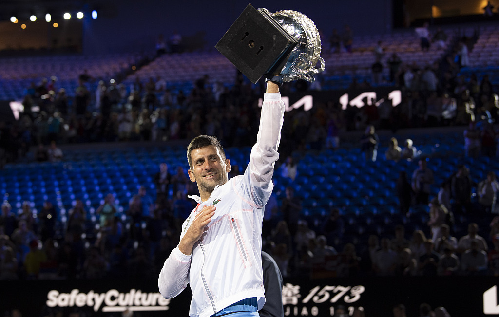 Novak Djokovic reacts after winning the men's singles final at the Australian Open in Melbourne, Australia, January 30, 2023. /CFP