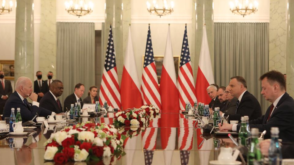 U.S. President Joe Biden (1st L) holds talks with Polish President Andrzej Duda (2nd R) in Warsaw, Poland, March 26, 2022. /Xinhua