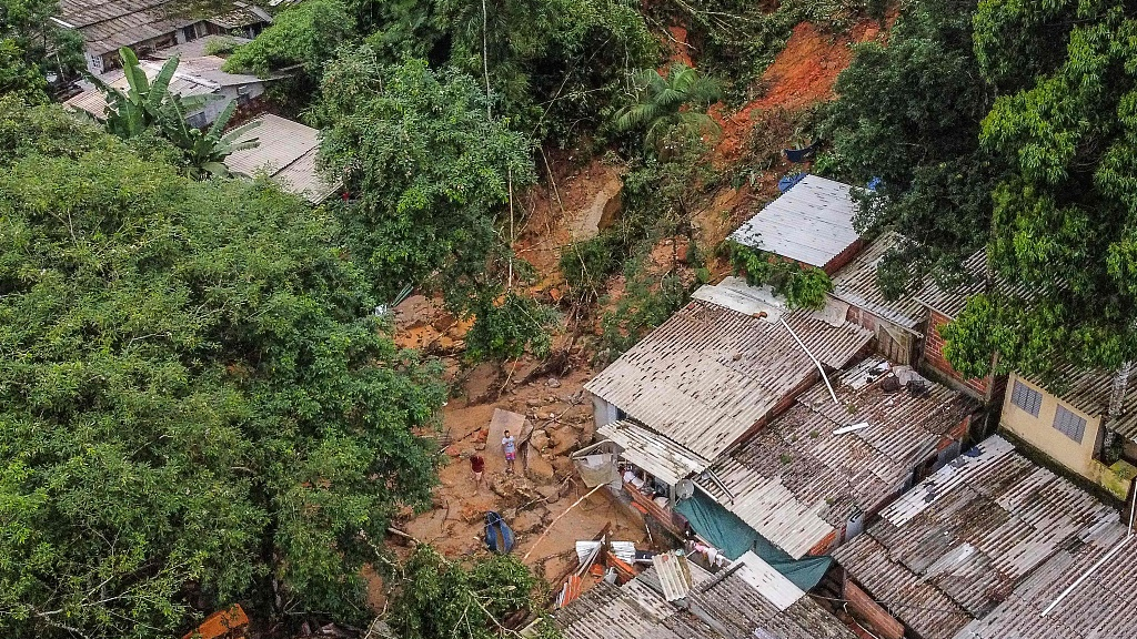 A destructive path left by a landslide after torrential rain in the Juquehy district of Sao Sebastiao, Sao Paulo state, Brazil, February 20, 2023. /CFP