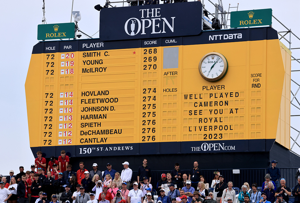 A view of the scoreboard during the final round of The Open golf event in St Andrews, Scotland, July 17, 2022. /CFP 