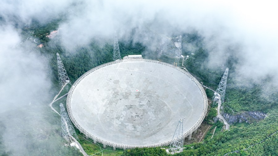 Aerial photo shows China's Five-hundred-meter Aperture Spherical Radio Telescope (FAST) under maintenance in southwest China's Guizhou Province, July 22, 2022. /CFP

