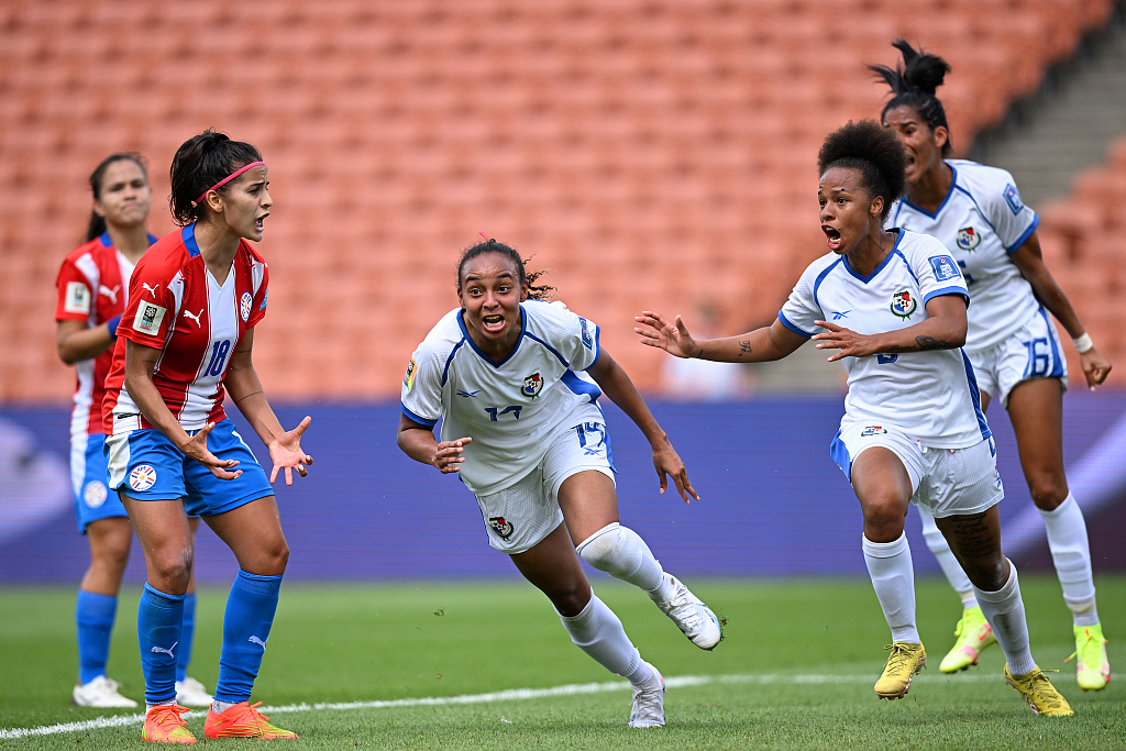 Lineth Cedeno of Panama celebrates scoring her team's first goal during the playoff game against Paraguay in Hamilton, New Zealand, February 23, 2023. /CFP