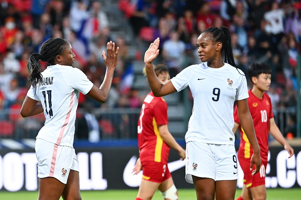 Marie-Antoinette Katoto (#9) and Kadidiatou Diani of France celebrate after scoring a goal in the friendly against Vietnam at the Stade de la Source in Orleans, France, July 1, 2022. /CFP 