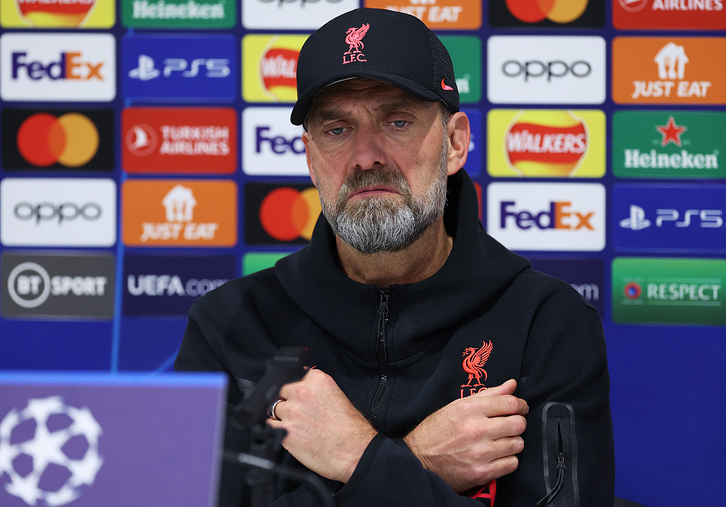 Jurgen Klopp, manager of Liverpool, attends the press conference after the 5-2 loss to Real Madrid in the first-leg game of the UEFA Champions League Round of 16 competitions at Anfield in Liverpool, England, February 21, 2023. /CFP