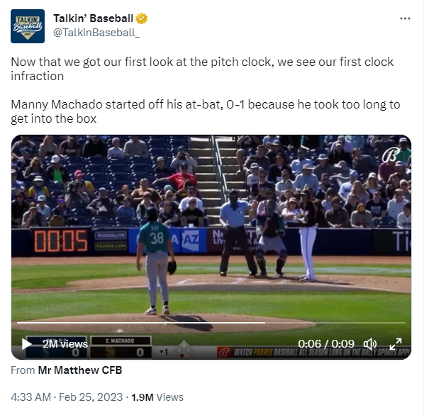 Talkin' Baseball's tweet on February 25 about Manny Machado's violation of the new pitch clock rule. /@TalkinBaseball 