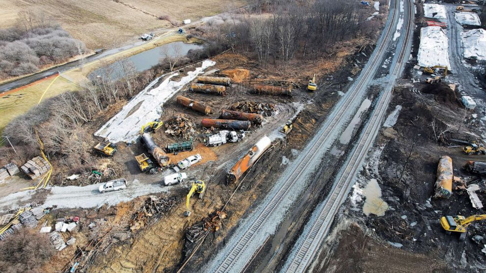 A view of the site of the derailment of a train carrying hazardous waste in East Palestine, Ohio, February 23, 2023. /Reuters