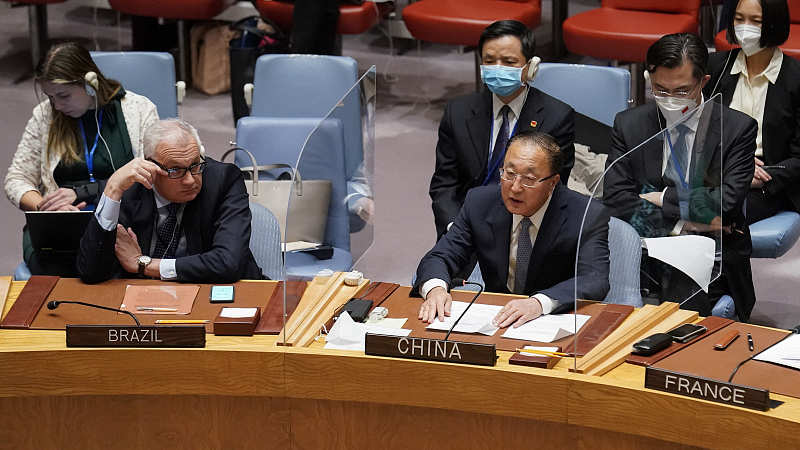 Zhang Jun, Permanent Representative of China to the United Nations, speaks during a meeting of the UN Security Council at United Nations headquarters, March 23, 2022. /CFP