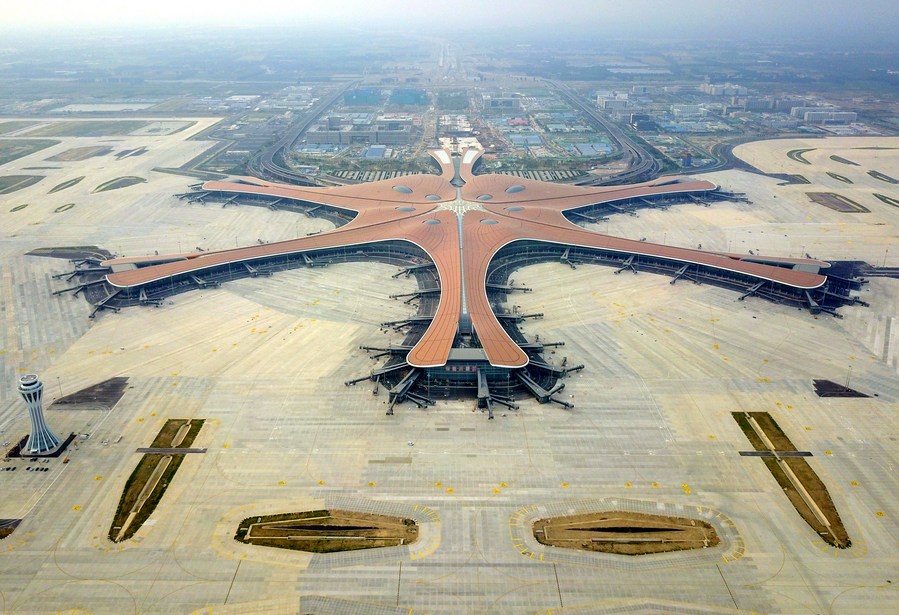 This aerial photo taken on June 25, 2019 shows the terminal building of the Beijing Daxing International Airport in Beijing, capital of China. /Xinhua