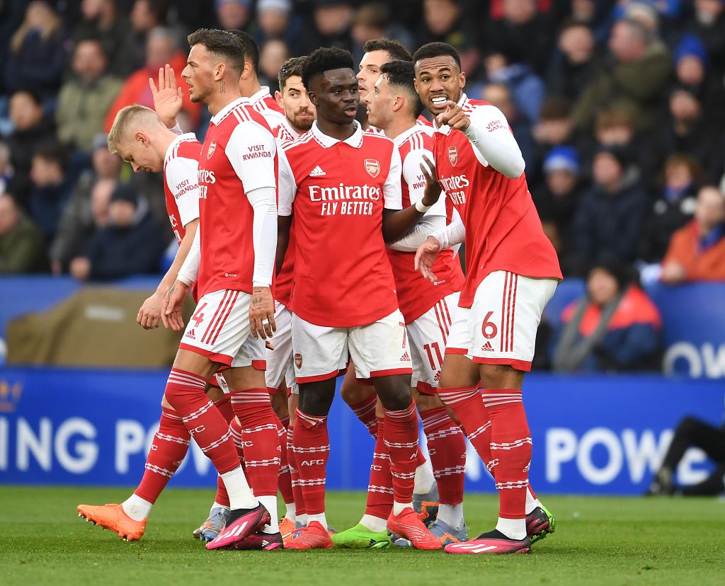 Players of Arsenal celebrate after scoring a goal in the Premier League game against Leicester City at The King Power Stadium in Leicester, England, February 25, 2023. /CFP 