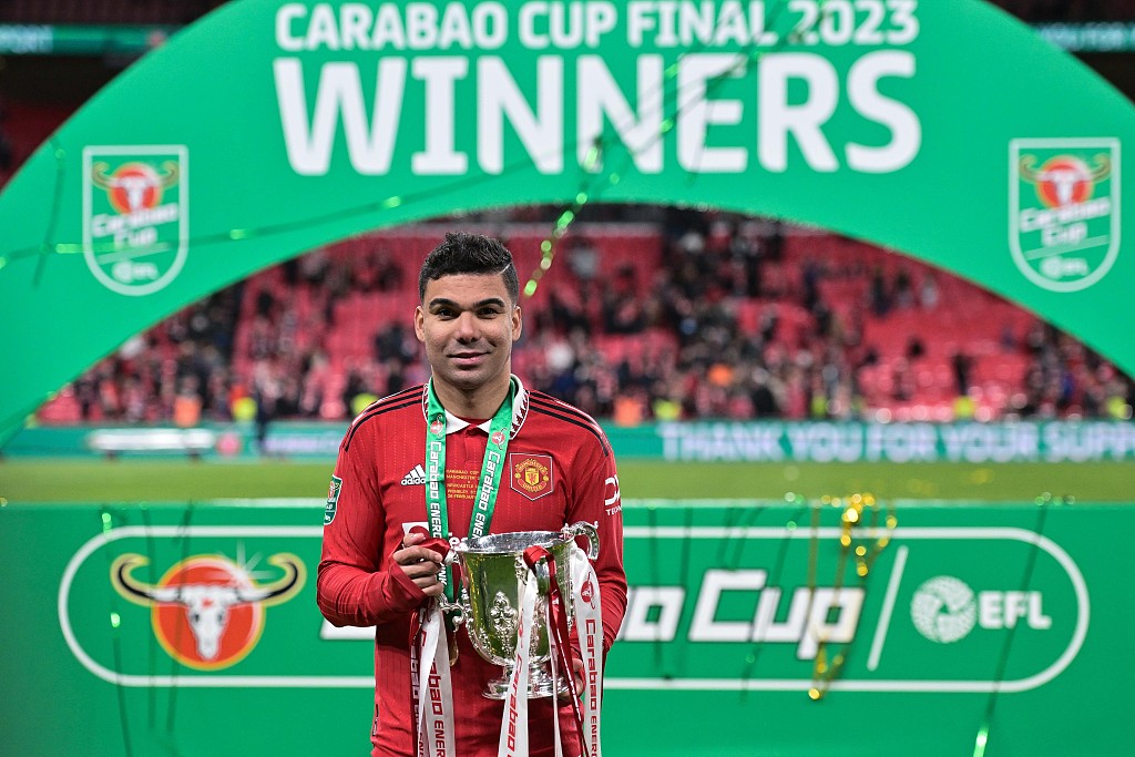 Manchester United's Casemiro during the League Cup award ceremony at Wembley Stadium, London, England, February 26, 2023. /CFP