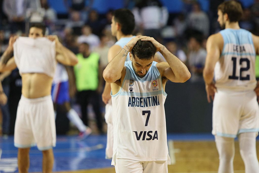 Facundo Campazzo (#7) of Argentina looks disappointed after the 79-75 loss to the Dominican Republic in the FIBA Basketball World Cup Americas qualifier game at the Islas Malvinas stadium in Buenos Aires province, Argentina, February 26, 2023. /CFP