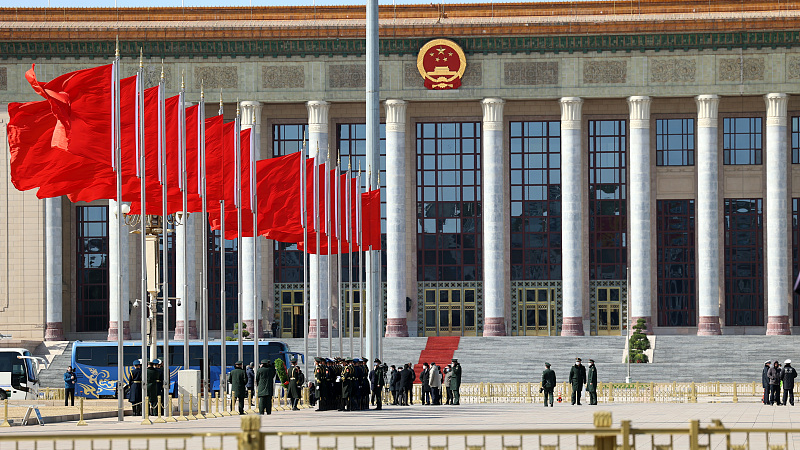 Red flags flutter at Tian'anmen Square during the Two Sessions in Beijing, March 1, 2023. /CFP