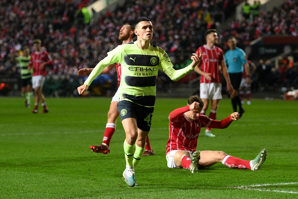 Phil Foden of Manchester City celebrates after scoring the team's second goal against Bristol City during their FA Cup match at Ashton Gate in Bristol, England, February 28, 2023. /CFP