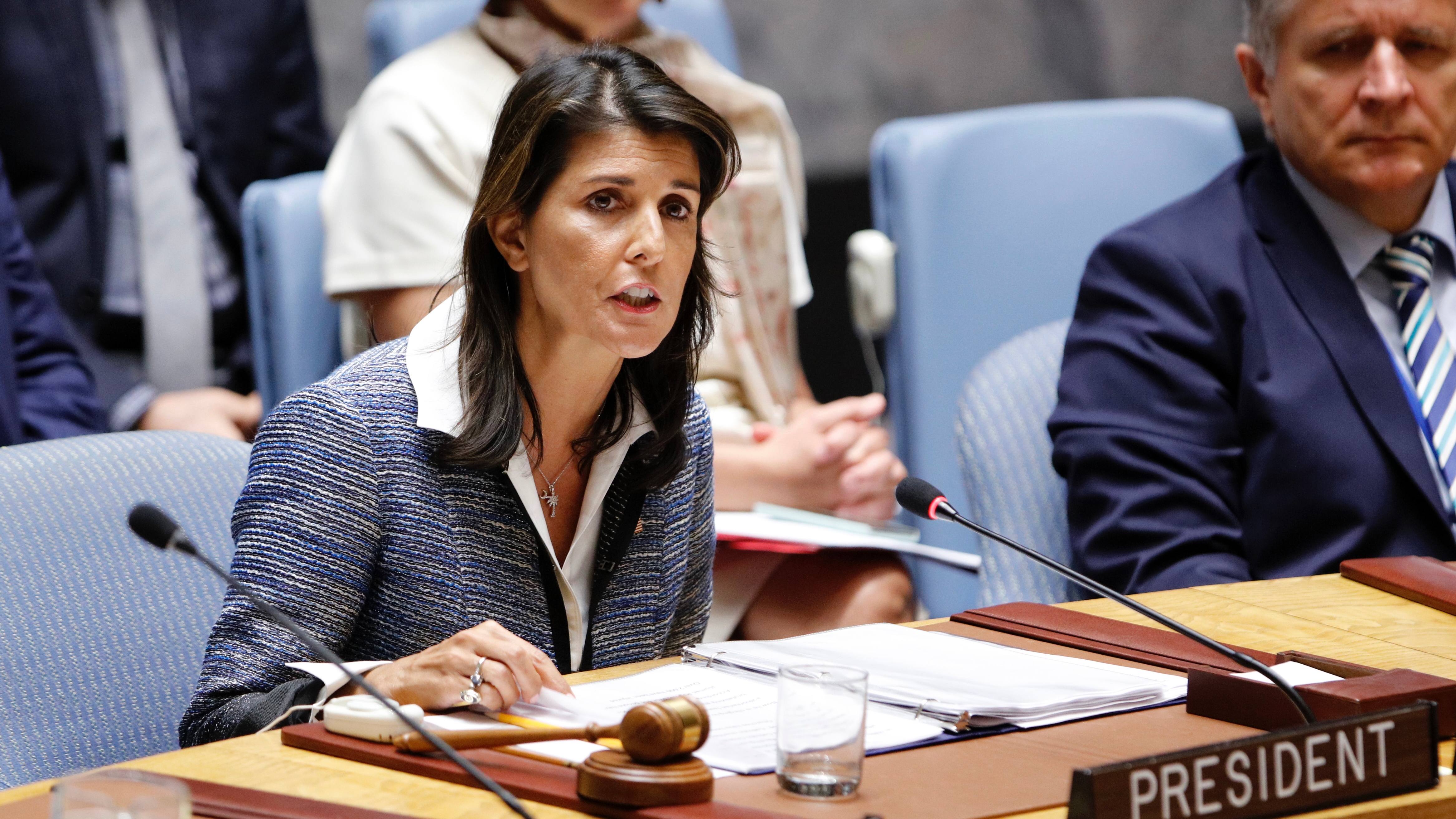 File photo shows Nikki Haley chairs a Security Council meeting at the UN headquarters in New York, September 5, 2018. /Xinhua