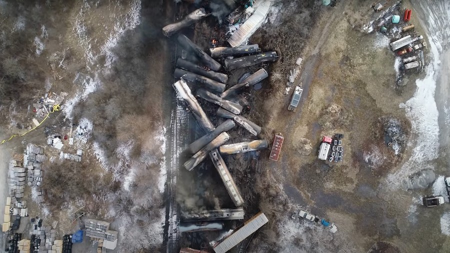 This video screenshot released by the U.S. National Transportation Safety Board (NTSB) shows the site of a derailed freight train in East Palestine, Ohio, U.S. /NTSB