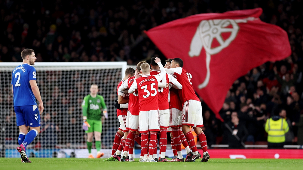 Arsenal players celebrate during their Premier League clash with Everton at Emirates Stadium in London, England, March 1, 2023. /CFP