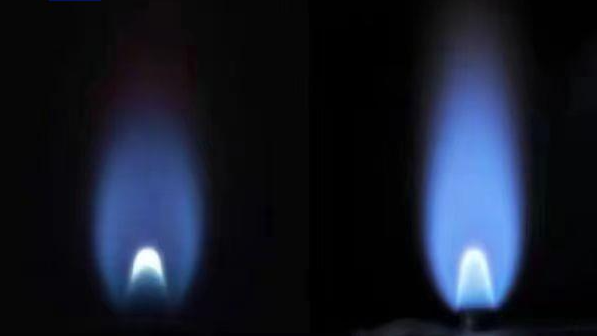 The blue methane flame in space (left) and the flame on the ground (right). /The Institute of Engineering Thermophysics under the Center for Combustion Energy of Tsinghua University