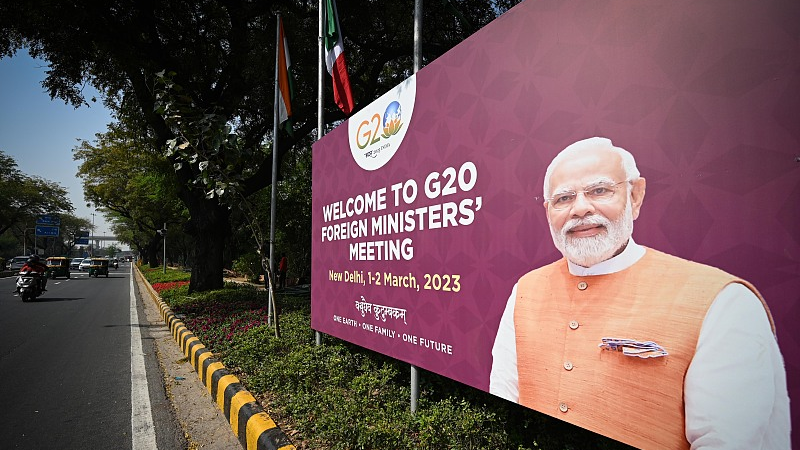 A board welcoming G20 foreign ministers is seen in New Delhi, India, February 28, 2023. /CFP